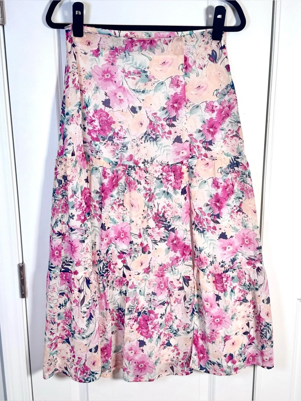 En Saison Fleur Midi Skirt M Free People Pink Floral Tiered Cottagecore Romantic